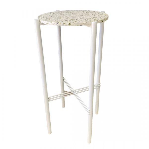 Green terrazzo cocktail table with white iron frame