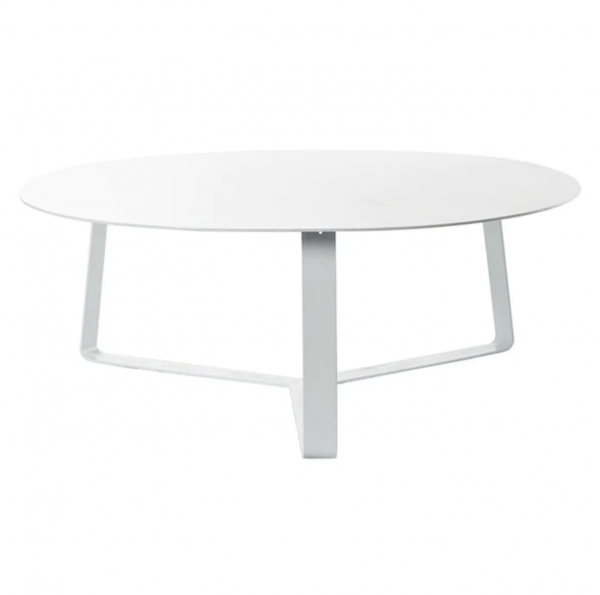 white round coffee table with three connected legs 